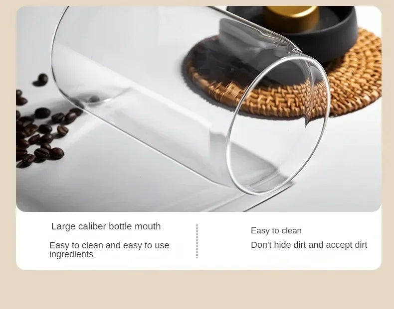 Airtight Glass Coffee Pot with Black Lid. Manual Vacuum Seal Storage.