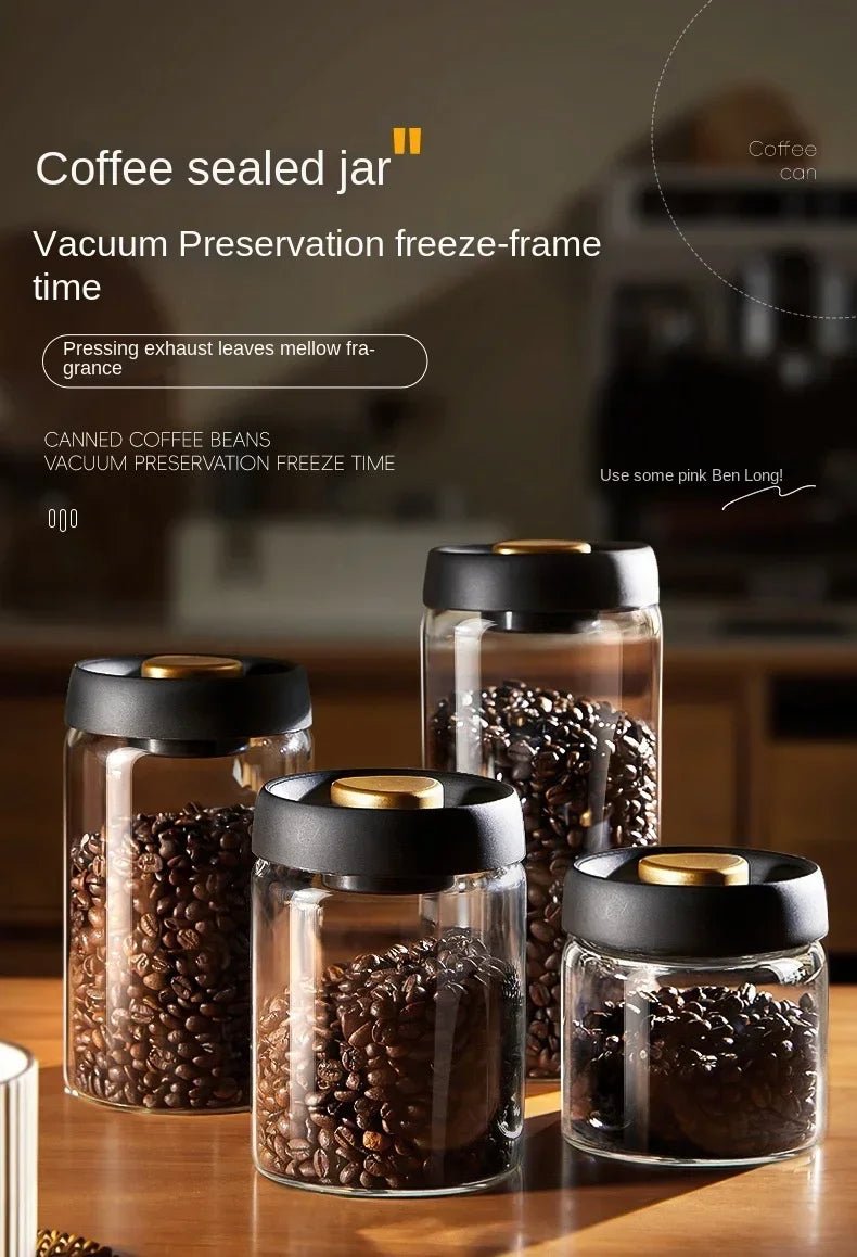 Airtight Glass Coffee Pot with Black Lid. Manual Vacuum Seal Storage. - ouffee