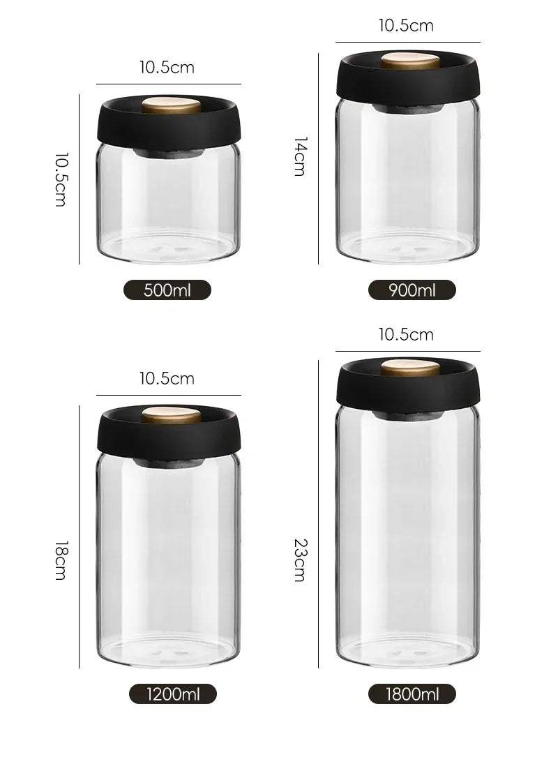 Airtight Glass Coffee Pot with Black Lid. Manual Vacuum Seal Storage. - ouffee
