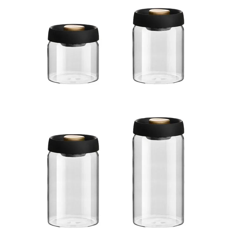 Airtight Glass Coffee Pot with Black Lid. Manual Vacuum Seal Storage. - ouffee