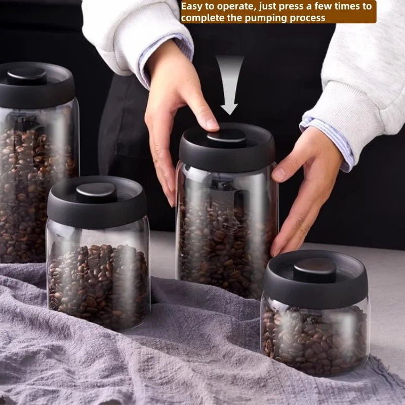 Airtight Glass Coffee Pot with Black Lid. Manual Vacuum Seal Storage. - ouffee