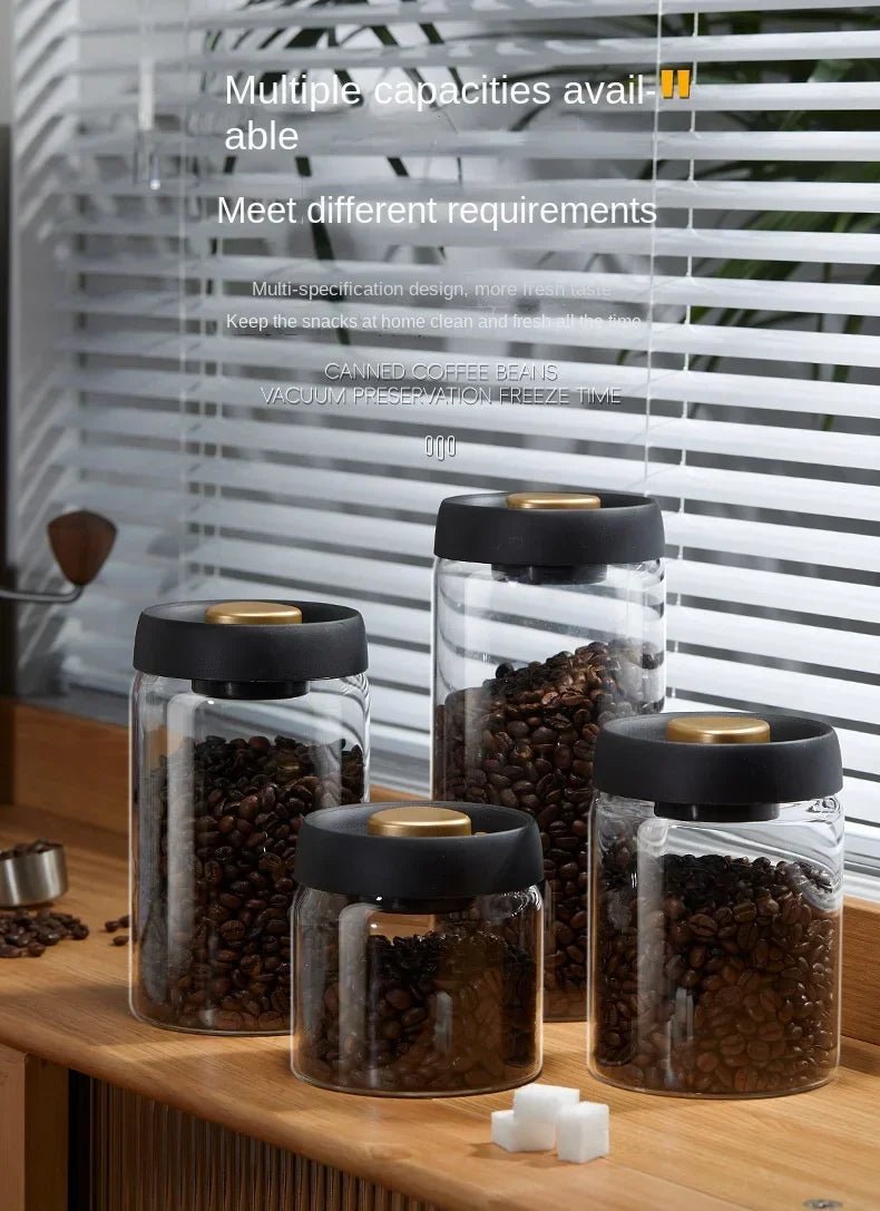 Airtight Glass Coffee Pot with Black Lid. Manual Vacuum Seal Storage. - ouffee