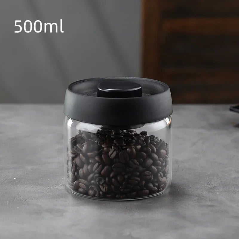 Airtight Glass Coffee Pot with Black Lid. Manual Vacuum Seal Storage. - ouffee