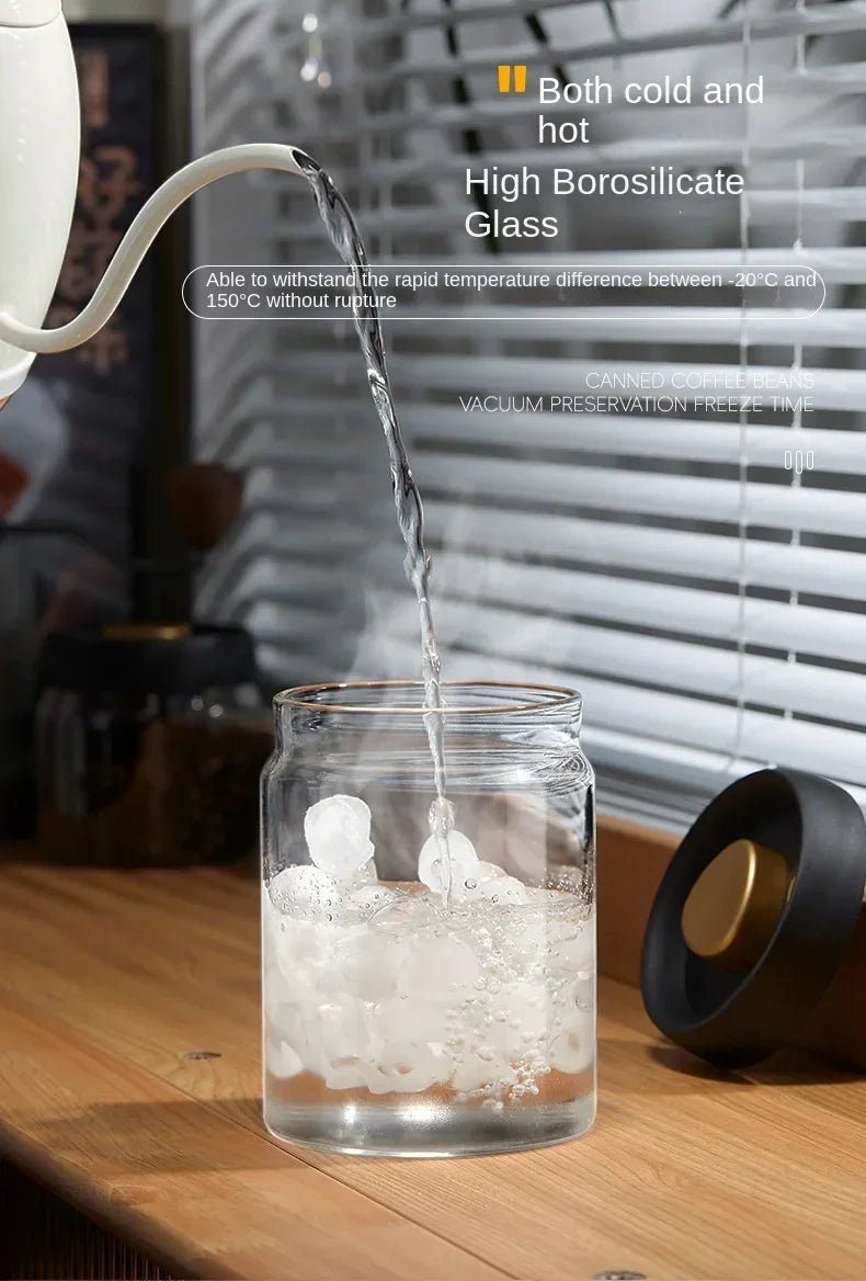 Airtight Glass Coffee Pot with Black Lid. Manual Vacuum Seal Storage. - ouffee