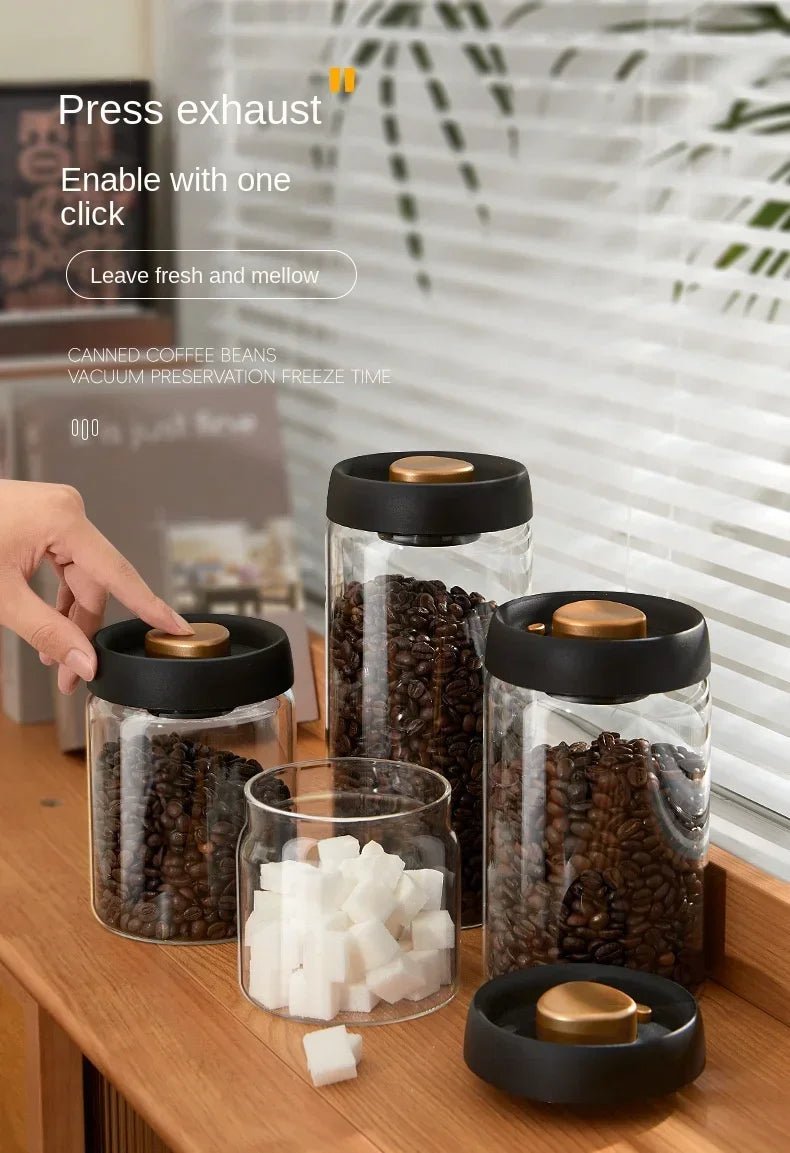 Airtight Glass Coffee Pot with Black Lid. Manual Vacuum Seal Storage. - ouffee