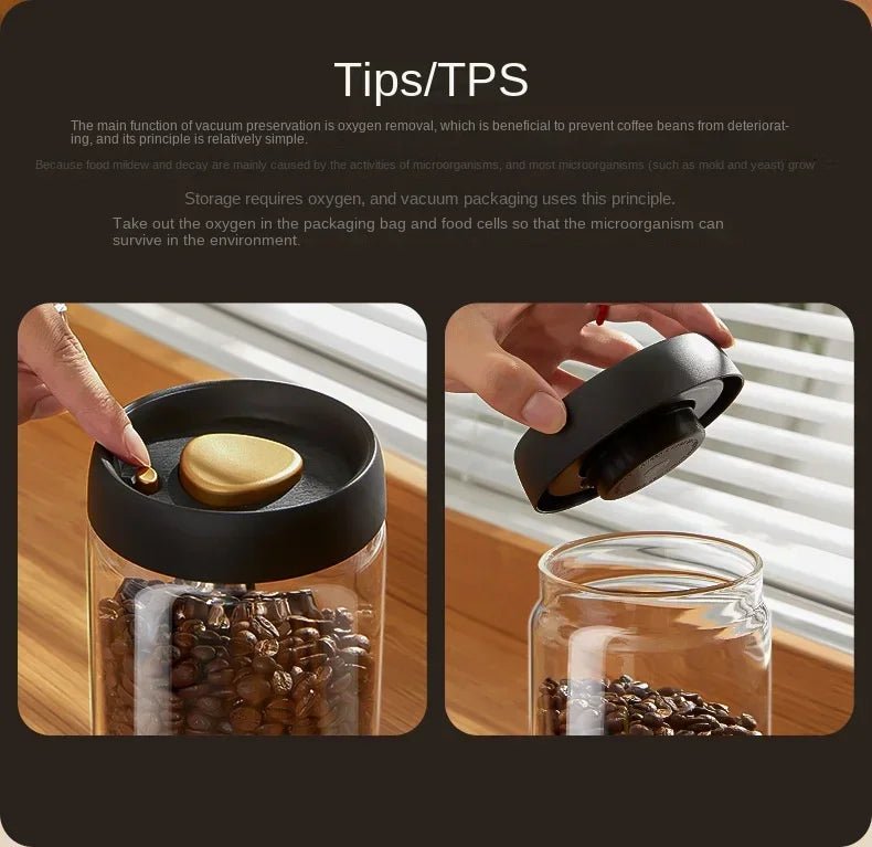 Airtight Glass Coffee Pot with Black Lid. Manual Vacuum Seal Storage. - ouffee