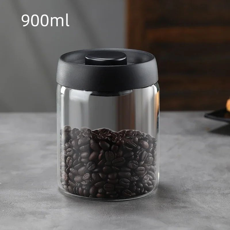 Airtight Glass Coffee Pot with Black Lid. Manual Vacuum Seal Storage. - ouffee